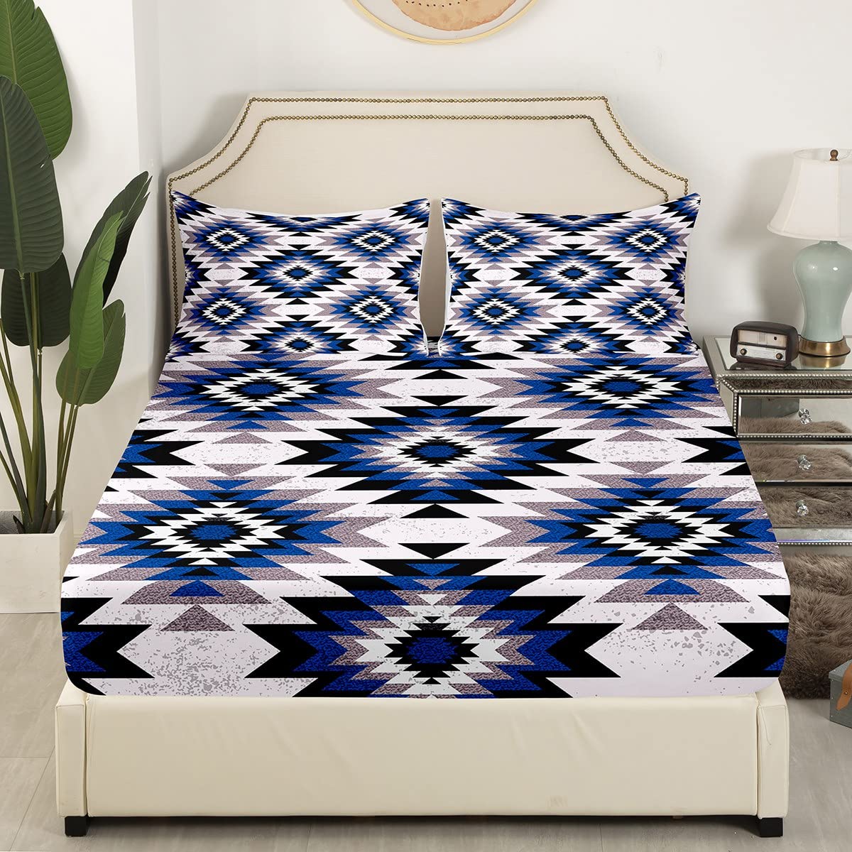 Kids Southwest Native American Design Fitted Sheet Queen Size Blue Grey Geometric Bed Sheet Set for Boys Girls Teens Bedroom Decor Tribal Bedding Set Set Women Men Bed Cover with 2 Pillow Case