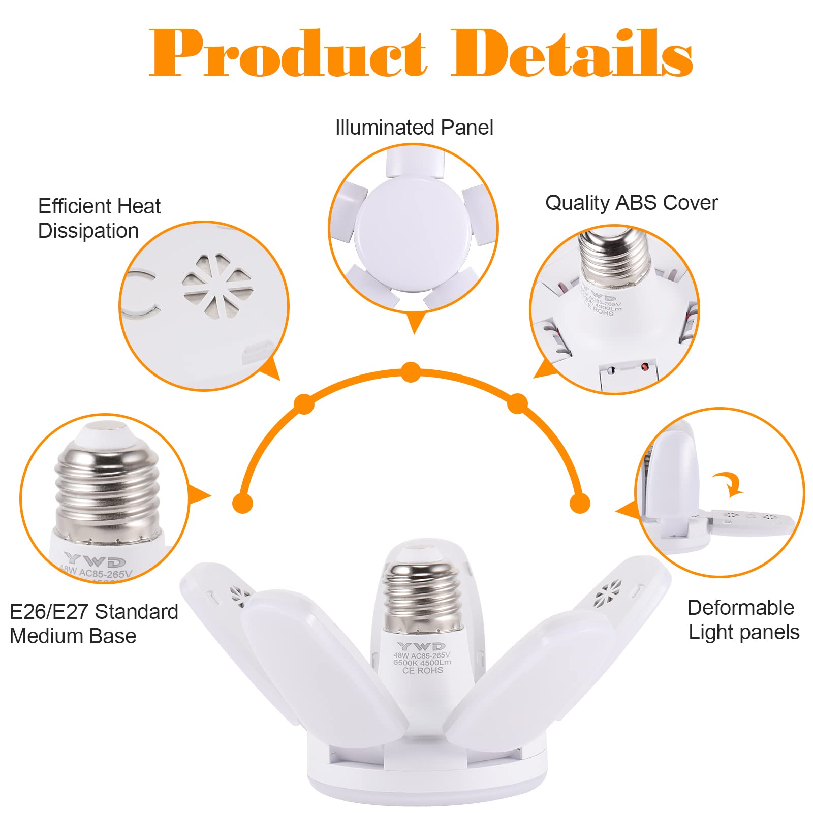 YWD Led Garage Light 2 Pack - 48W Glare-Free 360° - 4500LM 6500K LED Deformable Light - E26/E27 Screw in Led Light Buld for Basements, Barn, Farmhouse and Attics