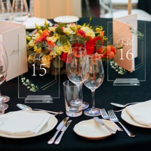 OurWarm Acrylic Wedding Table Numbers 1-10 with Stands, 4x6 inches Clear Sign Wedding Place Card, Eucalyptus Acrylic Sign for Wedding Reception Anniversary Baby Bridal Shower Birthday Table Setting