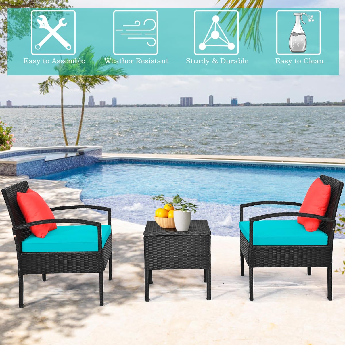 DORTALA 3 Piece Wicker Patio Furniture Set, Outdoor Conversation Bistro Sets with Rattan Chairs & Storage Table for Backyard Porch Garden Poolside, Turquoise