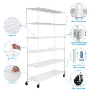 6 Tier 6000lbs Capacity NSF Metal Shelf Wire Shelving Unit, Heavy Duty Adjustable Storage Rack with Wheels & Shelf Liners for Commercial Grade Utility Steel Storage Rack, White - 82"H x 48"L x 18"D