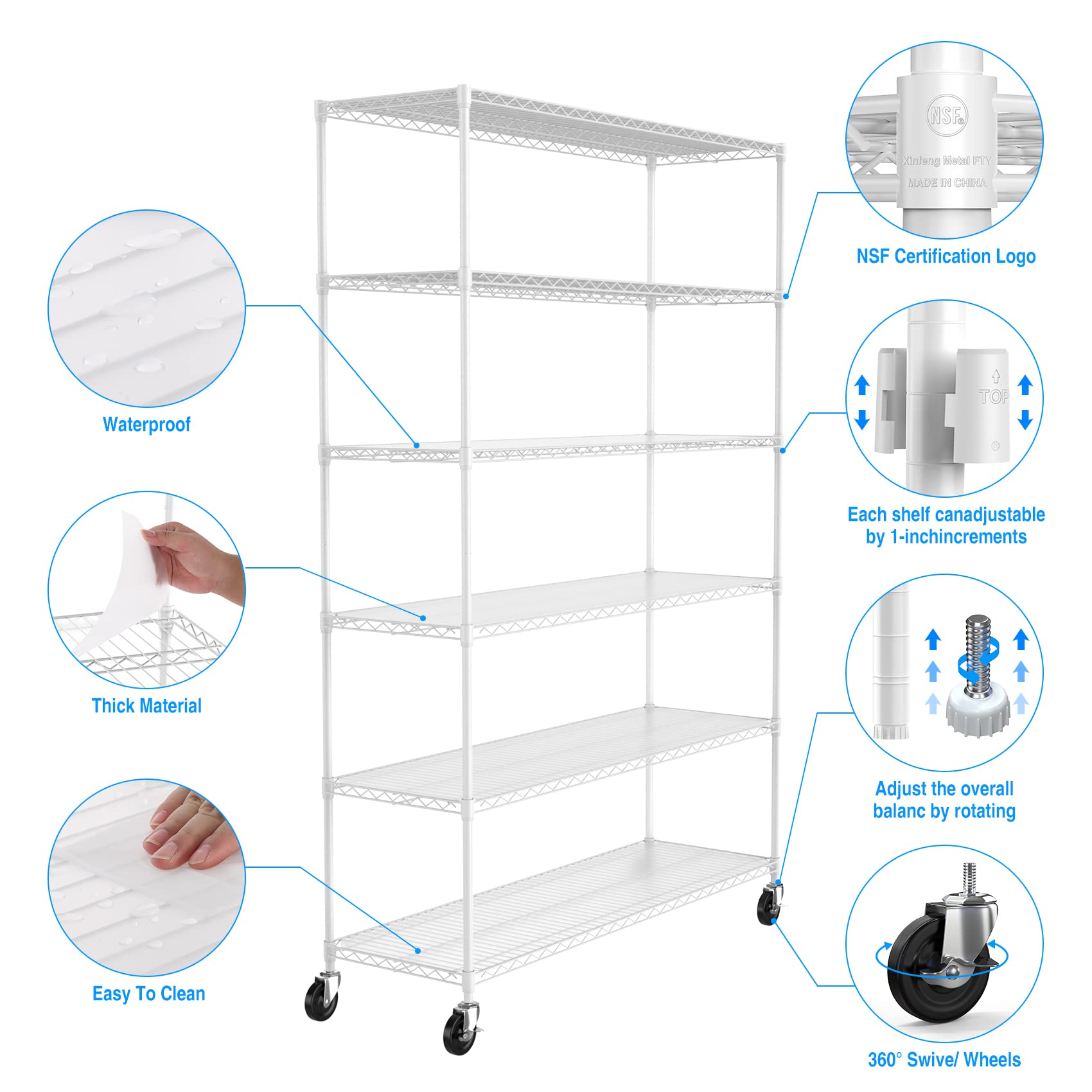 6 Tier 6000lbs Capacity NSF Metal Shelf Wire Shelving Unit, Heavy Duty Adjustable Storage Rack with Wheels & Shelf Liners for Commercial Grade Utility Steel Storage Rack, White - 82"H x 48"L x 18"D