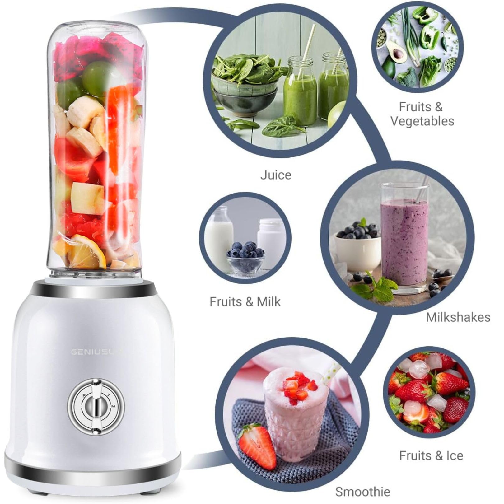 Personal Blender for Smoothies & Shakes - Portable Mini Smoothie Blender with BPA-Free 2 Travel Bottles 20 oz with Lids, 2 Speed Manual Control, 6 Stainless Steel Blades - 300 Watts