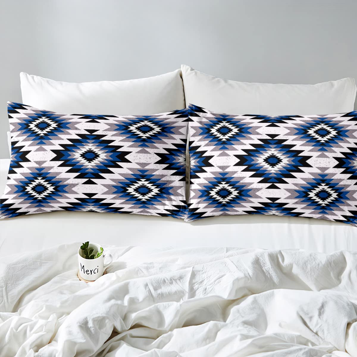 Kids Southwest Native American Design Fitted Sheet Queen Size Blue Grey Geometric Bed Sheet Set for Boys Girls Teens Bedroom Decor Tribal Bedding Set Set Women Men Bed Cover with 2 Pillow Case