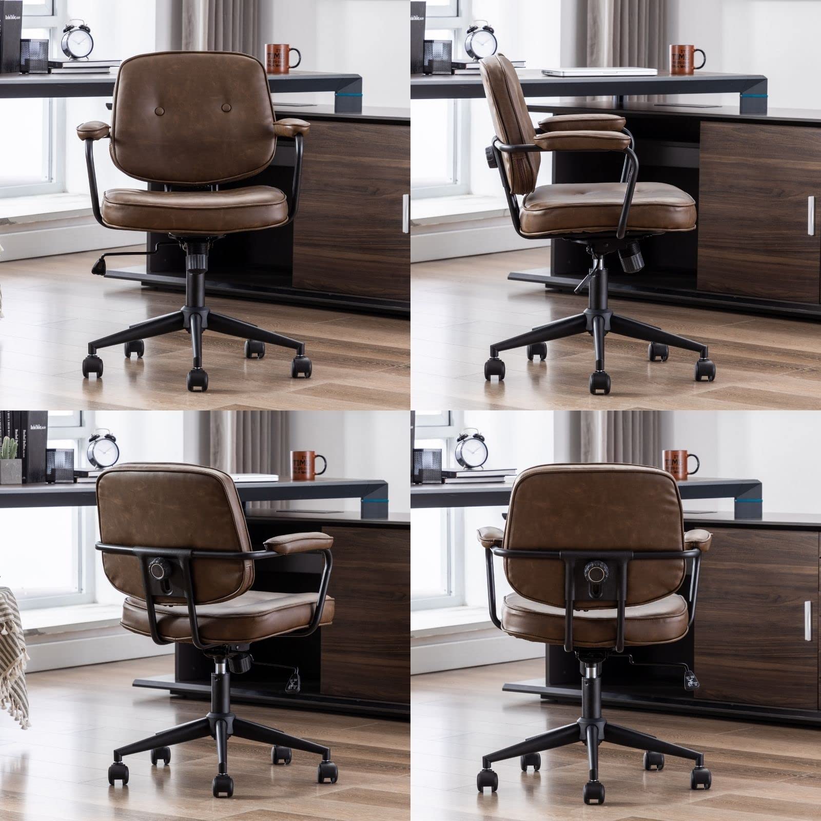 LukeAlon Adjustable Pu Leather Home Office Chair, Comfy 360° Swivel Task Chair with Armrest Modern Thickened Seat Desk Chair Tiltable Computer Chair with Buttons & Wheels, Brown