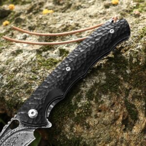 DRACHENADER Damascus Pocket Knife for Men, with Leather Sheath/Clip, 67-Layer Damascus Steel Pocket Knife Handmade Quick Release- Vg10 Steel Core Ebony Handle, Ideal Gift, Black