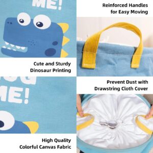 LUFOFOX Dinosaur Kids Laundry Hamper with Handles Large Collapsible Laundry Basket with Drawstring Waterproof Toy Storage Bins for Bedroom (Blue)