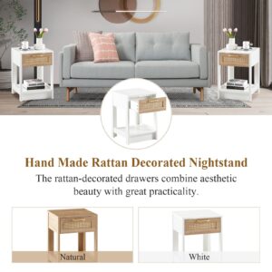 LETESA Rattan Nightstands, with Rattan Decor Drawer and Open Shelf, Bed Side Tables with Solid Wood Feet, End Table, Night Stands, for Bedroom, Living Room (1, White-Square)