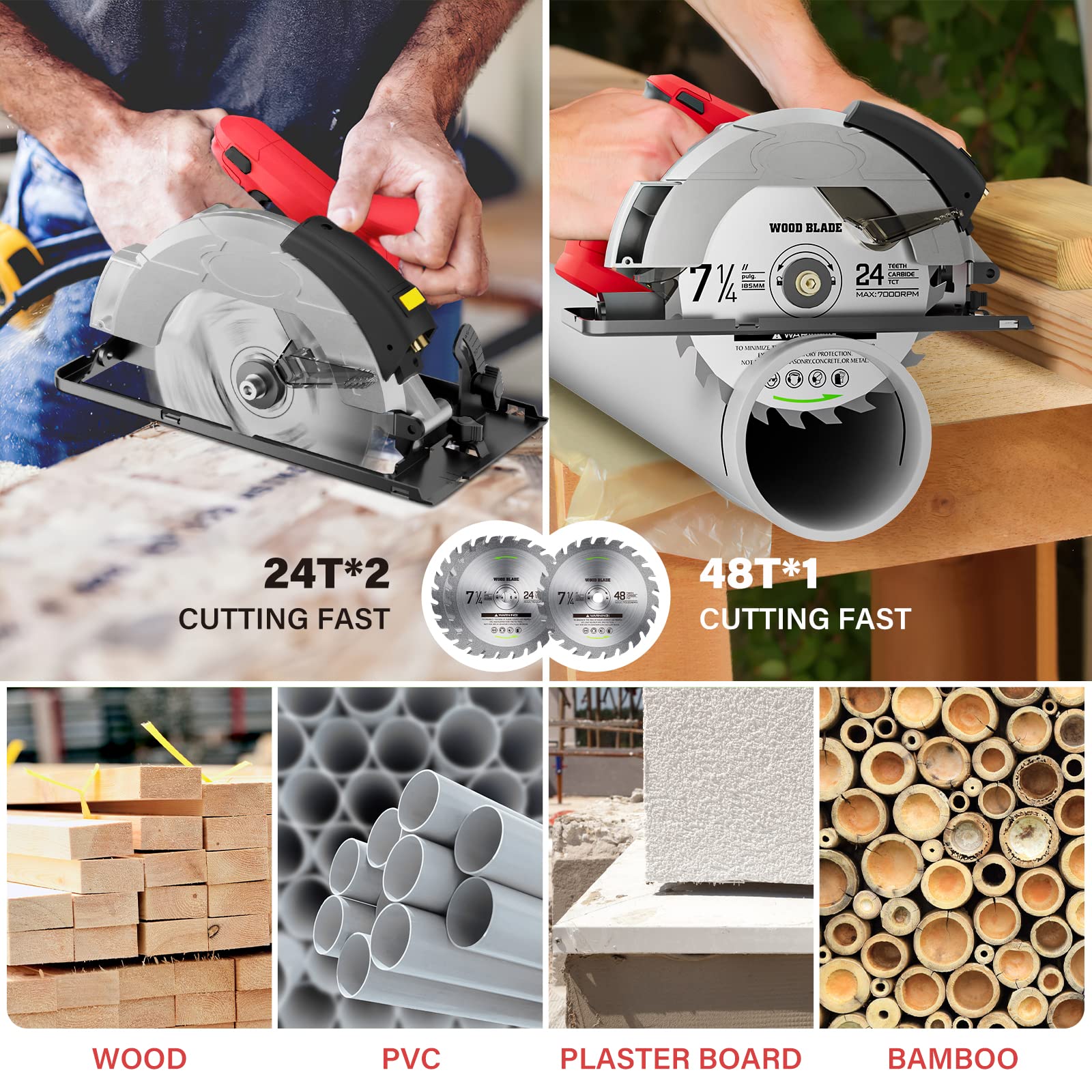 Circular Saw, 1500W Power Circular Saws with Laser Guide, 5500RPM Compact Circular Saw with 3 Saw Blades (24T+ 48T)7-1/4'', 0-45° Bevel Adjustment, Corded Electric Saw for Wood