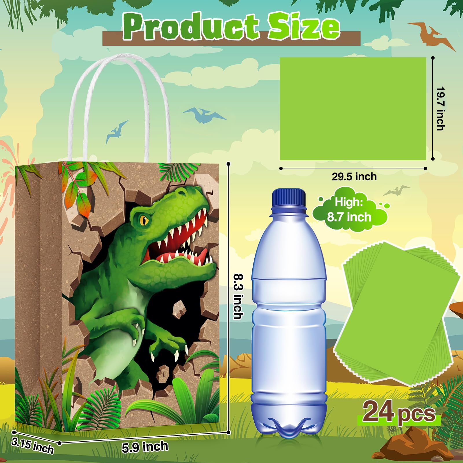 Fuutreo 24 Pieces Dinosaur Party Favor Bags with Handle and Tissue Paper for Dinosaur Birthday Party Supplies, Goodie Bags for Birthday, Baby Shower, Christmas, Halloween, Graduations, Party Supplies