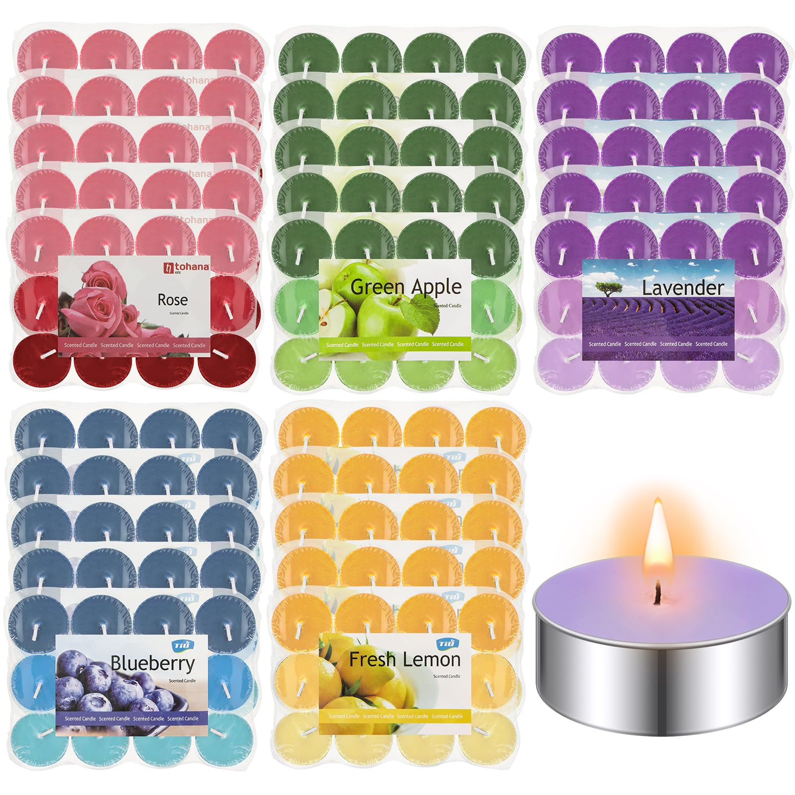 MTLEE 300 Pack Scented Candles Tea Light Candles Small Tea Lights with Essential Oils and Cotton Wick, 4 Hour Burn Time for Votive Home, Wedding and Holiday Rose Blueberry Apple Lemon Lavender