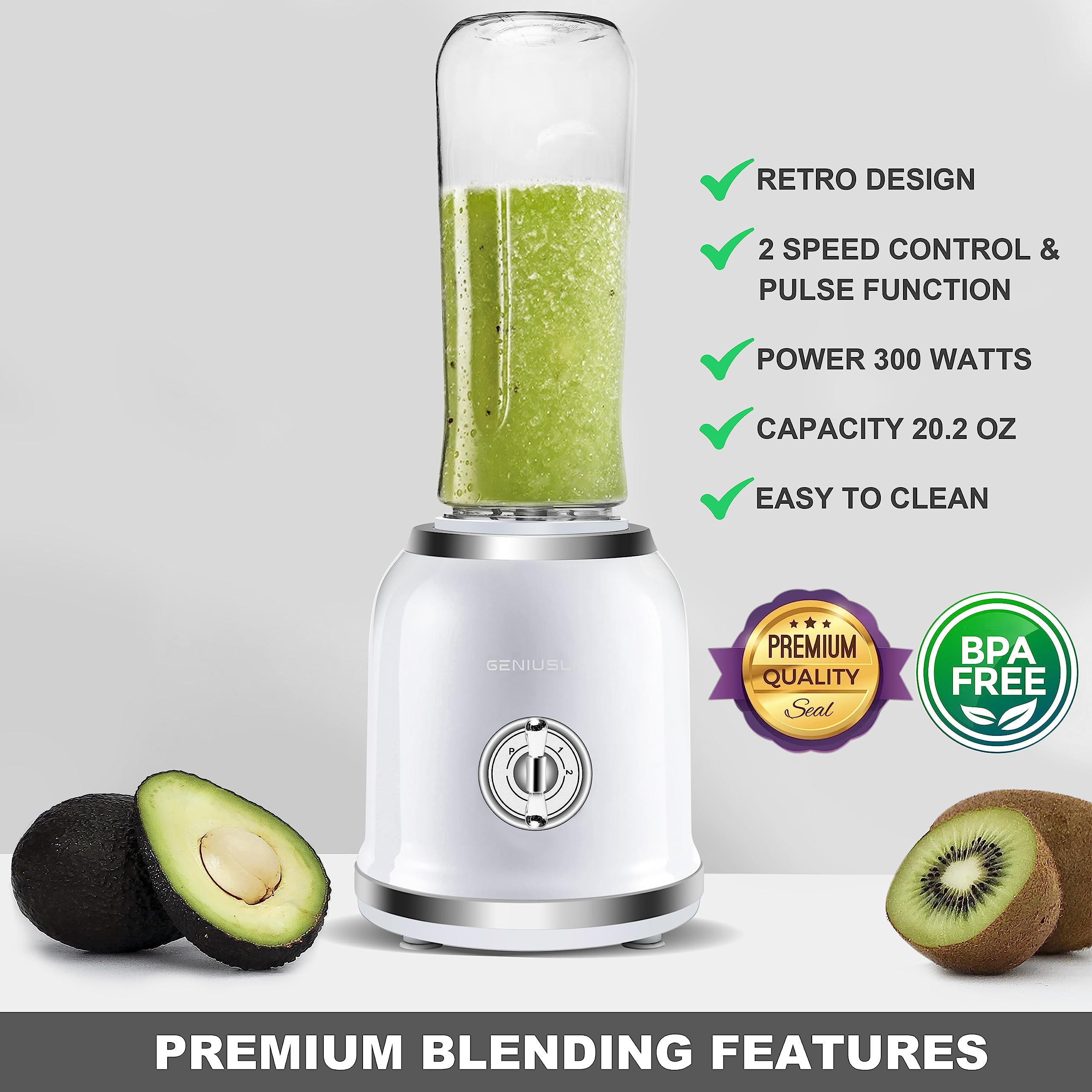 Personal Blender for Smoothies & Shakes - Portable Mini Smoothie Blender with BPA-Free 2 Travel Bottles 20 oz with Lids, 2 Speed Manual Control, 6 Stainless Steel Blades - 300 Watts