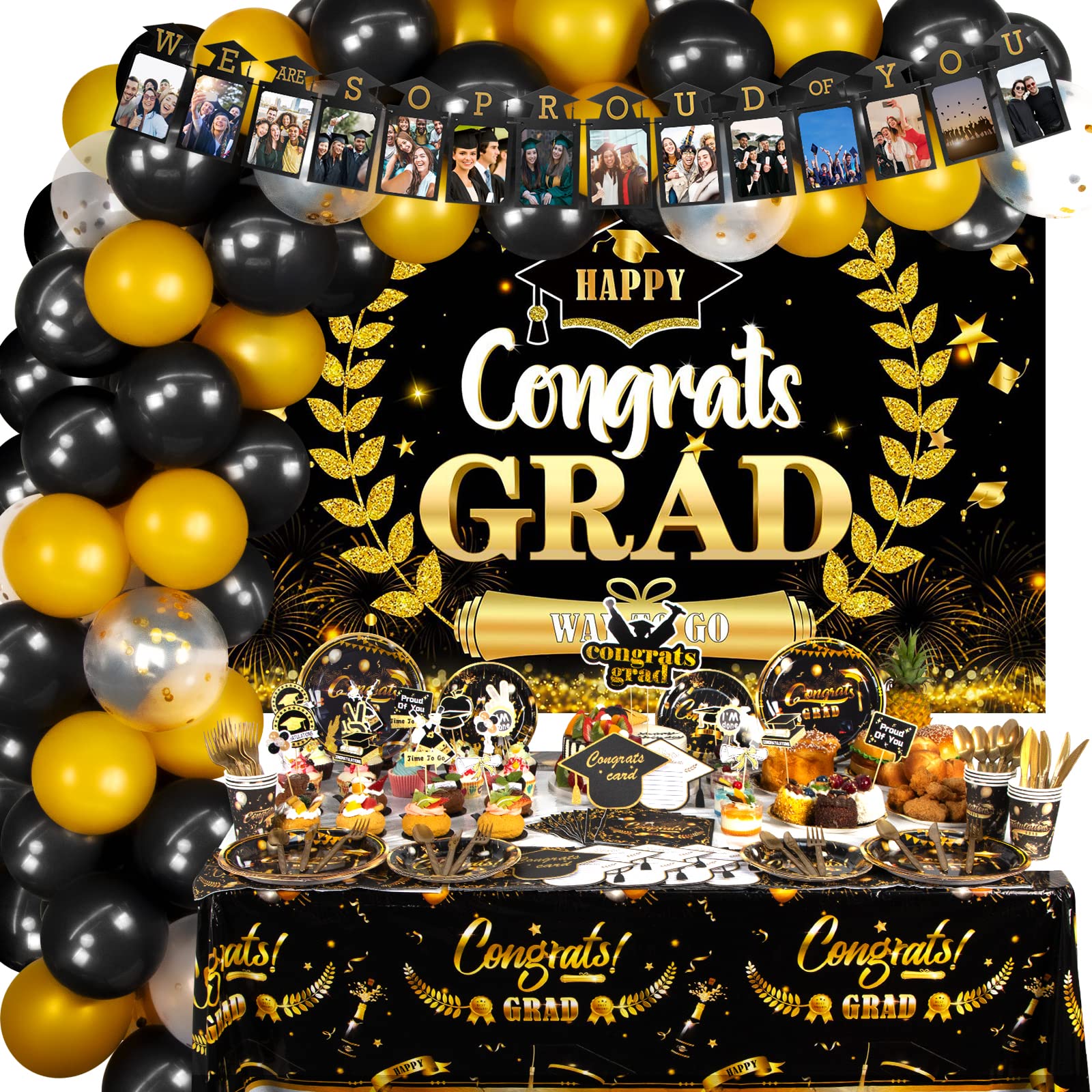 HJINGY Graduation Decorations Class of 2024, 2024 Graduation Party Decorations Include Grad Backdrop, Photo Banner, Congrats Cards, Balloons, Tablecloth, Plates, Cake Toppers for College High School