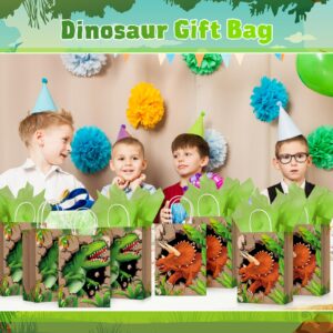 Fuutreo 24 Pieces Dinosaur Party Favor Bags with Handle and Tissue Paper for Dinosaur Birthday Party Supplies, Goodie Bags for Birthday, Baby Shower, Christmas, Halloween, Graduations, Party Supplies