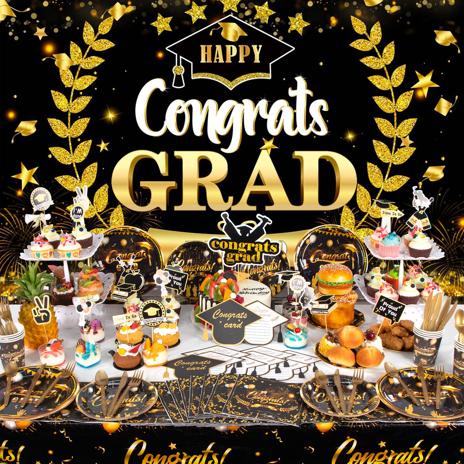 HJINGY Graduation Decorations Class of 2024, 2024 Graduation Party Decorations Include Grad Backdrop, Photo Banner, Congrats Cards, Balloons, Tablecloth, Plates, Cake Toppers for College High School