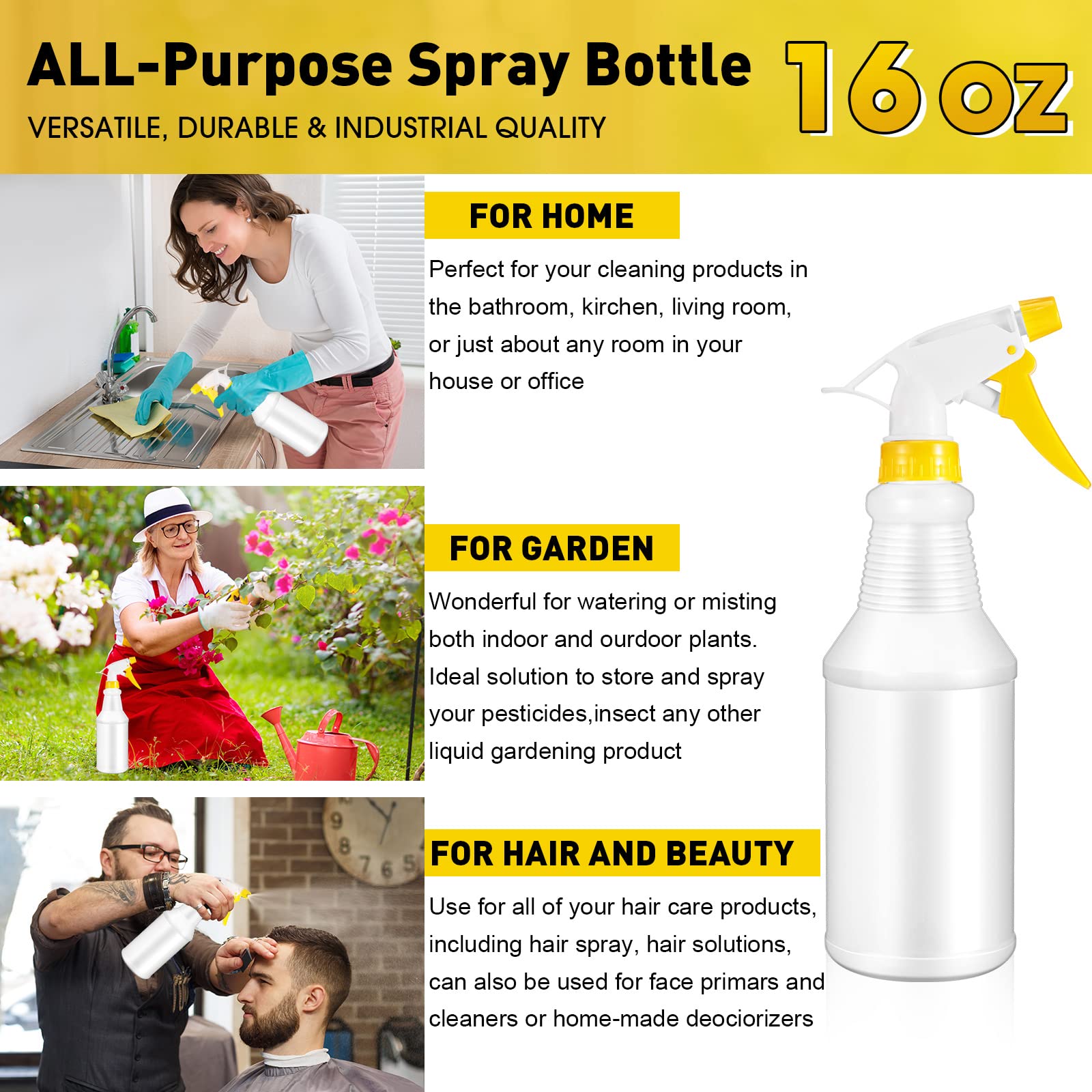 Yaomiao 12 Pcs Empty Spray Bottles 16 oz Plastic Spray Bottles Leak Proof Spray Bottles Squirt Bottle with Adjustable Yellow Nozzle Refillable Water Spray Bottle for Hair Home Cleaning Industrial Use