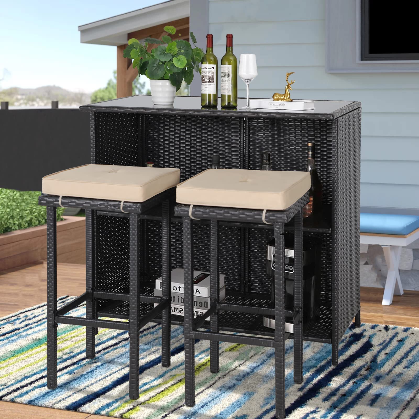 SOLAURA 3-Piece Outdoor Patio Bar Set Black Brown Wicker Bar Table Set Patio Furniture Set Outdoor Bar and Two Stools with Cushions and 9 FT Patio Umbrella, Dark Blue