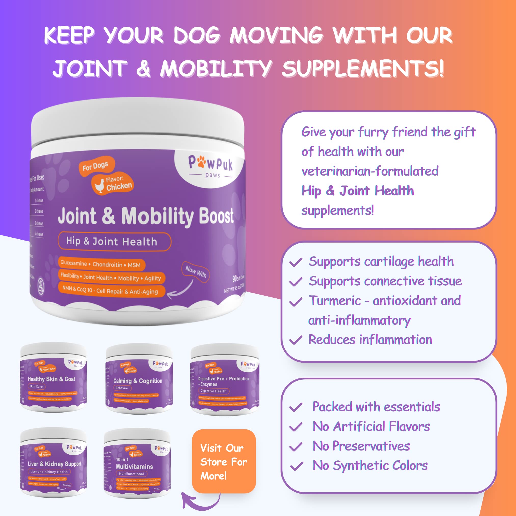 PawPuk Paws Joint & Mobility Supplements for Dogs, Glucosamine, Chondroitin, MSM – Anti Inflammation, NMN & CoQ10 - Antiaging, Green-Lipped Mussel, Turmeric