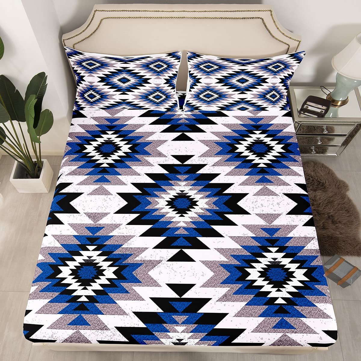 Kids Southwest Native American Design Fitted Sheet Queen Size Blue Grey Geometric Bed Sheet Set for Boys Girls Teens Bedroom Decor Tribal Bedding Set Set Women Men Bed Cover with 2 Pillow Case