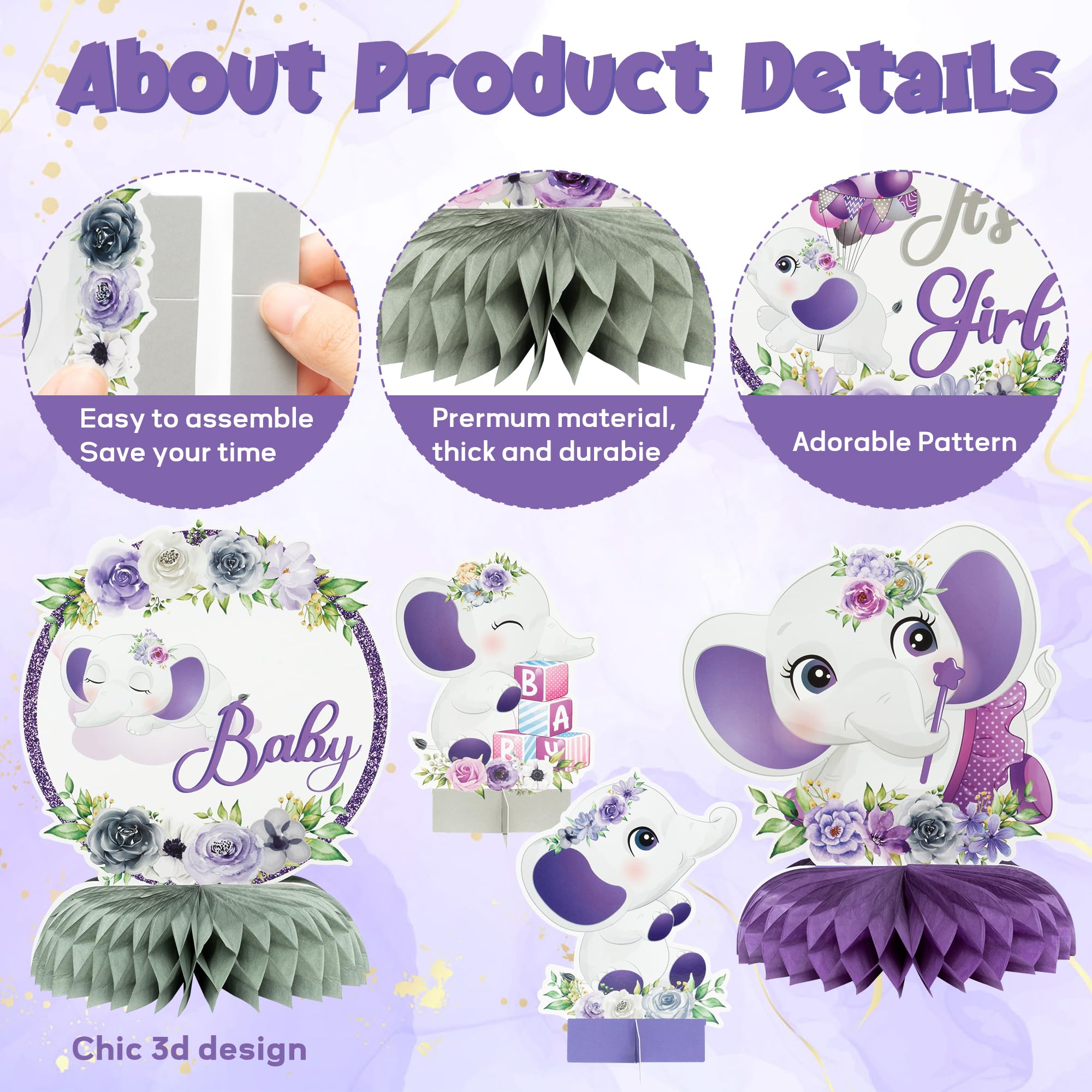 12Pcs Purple Floral Elephant Honeycomb Centerpieces It's a Girl Baby Shower Party Table Decorations Gender Reveal Little Peanut Cutout Welcome Baby Party Table Toppers Photo Props Decor for Baby Girls