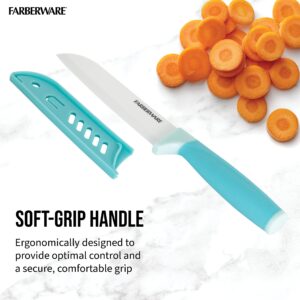 Farberware Ceramic 5- Inch Santoku Knife with Custom-Fit Blade Cover, Razor-Sharp Kitchen Knife with Ergonomic, Soft-Grip Handle, Dishwasher-Safe, 5-inch, Aqua