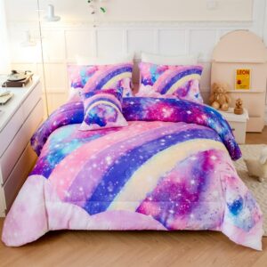 angiyuin 6 pcs tie dye pink twin comforter set for girls, 3d rainbow galaxy gradient themed bed in a bag, pastle nebula kids bedding set with sheets, comforter and pillowcases for all season