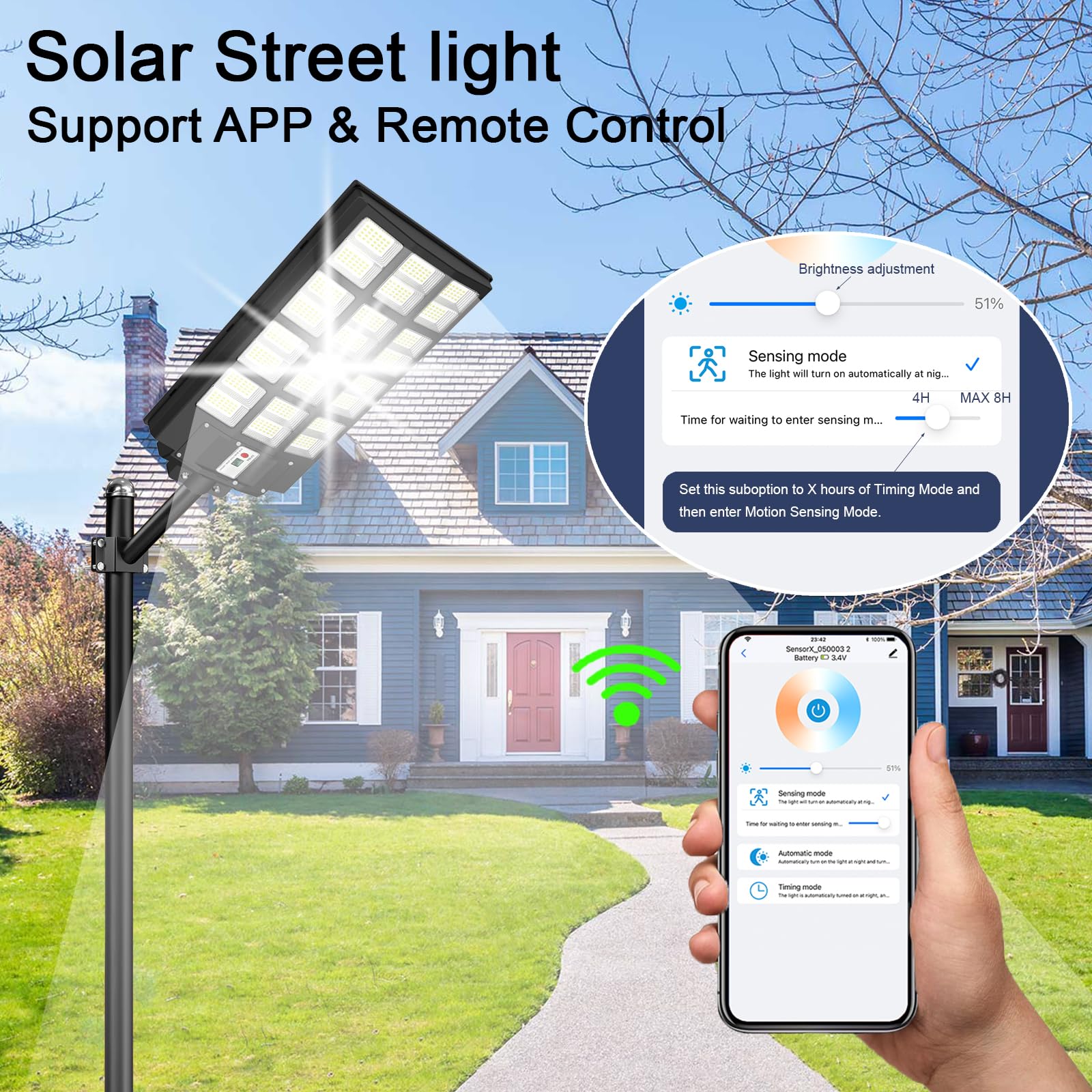 WaitScher Solar Street Lights Outdoor, Dusk to Dawn Flood Lights with App 2000W 250000lm Motion Sensor Light Waterproof