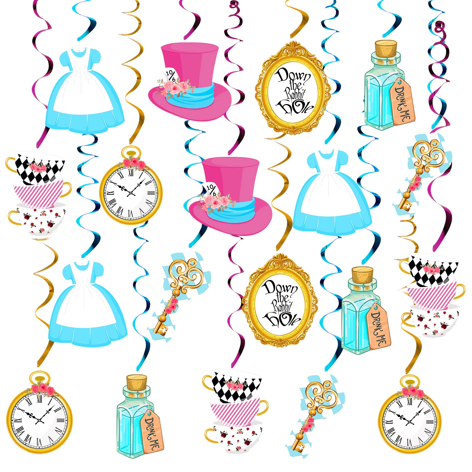 HPWF 20Pcs Alice Hanging Swirl Decorations for Wonderland Theme Birthday Party, Baby Shower, Girl First Birthday, Tea Party Decorations