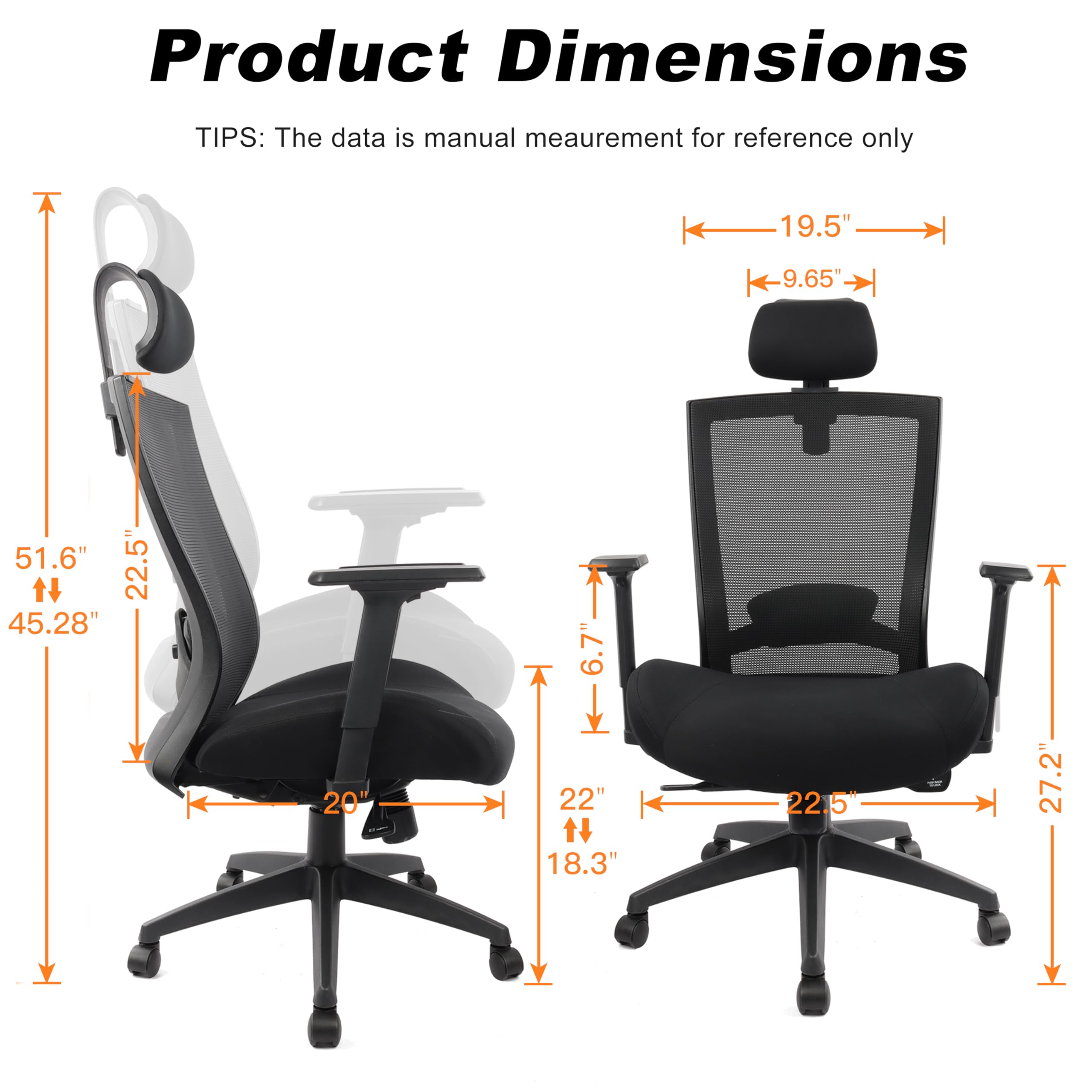 Ergonomic Office Chair for Big and Tall People Computer Desk Chair with Adjustable Headrest, Lumbar Support and Armrests, Mesh Rolling Chair for Study and Work, Heavy Duty 400lb, Black