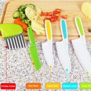 Kids Knife Set 5 Pcs Toddler Safe Knives Plastic Child Friendly Knife with Crinkle Cutter BPA-Free Serrated Edges Kitchen Tools for Real Cooking and Cutting Lettuce Board Sandwich