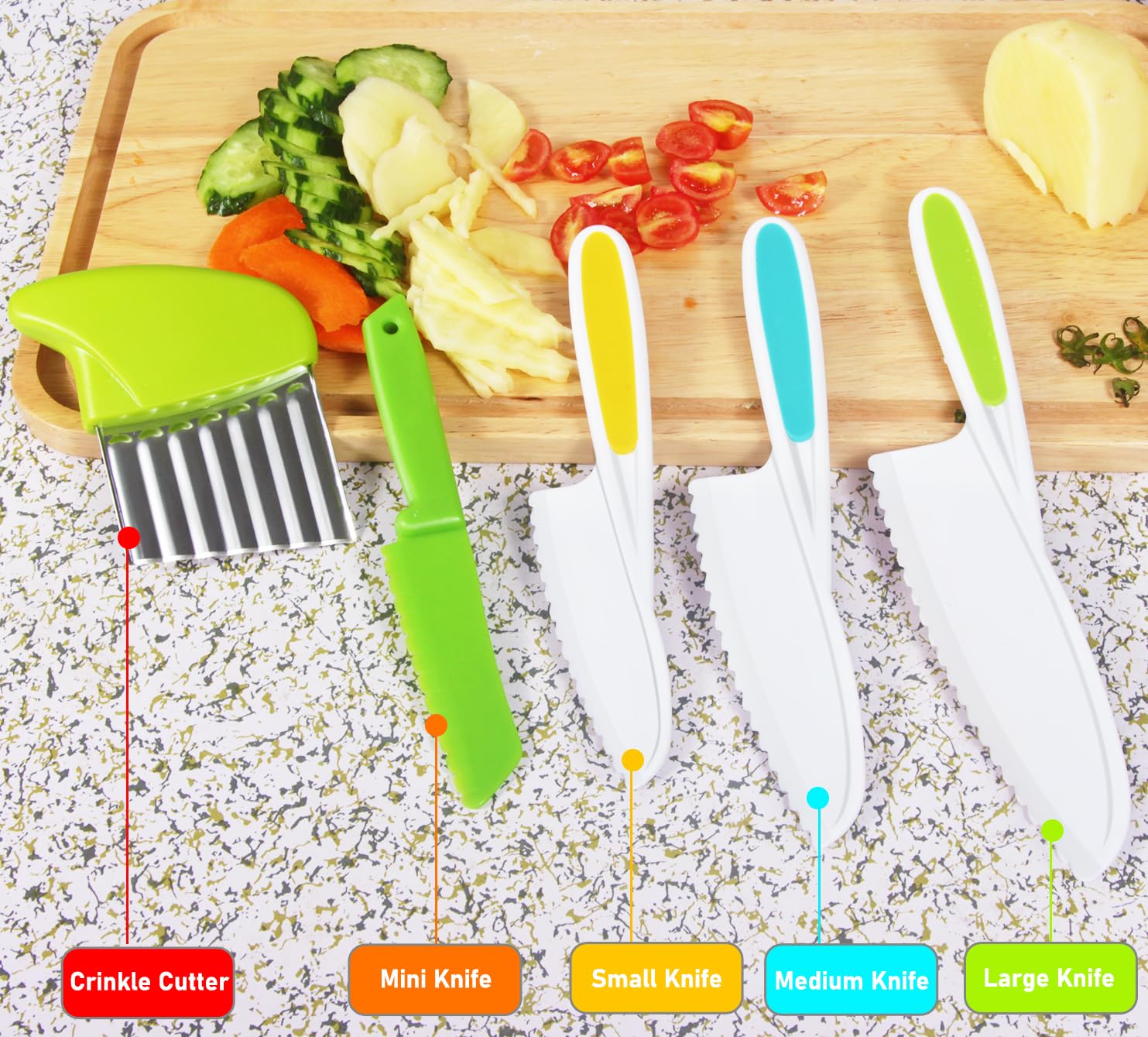 Kids Knife Set 5 Pcs Toddler Safe Knives Plastic Child Friendly Knife with Crinkle Cutter BPA-Free Serrated Edges Kitchen Tools for Real Cooking and Cutting Lettuce Board Sandwich