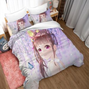 NICHIYOBI Devil Slayer Anime Kanao Flower Breathe Duvet Cover Set 3D Bedding Comforter Cover 3 Pcs (1 Duvet Cover+2 Pillowcases) Bedding Set (04,Queen-90x90in+20x30in*2)