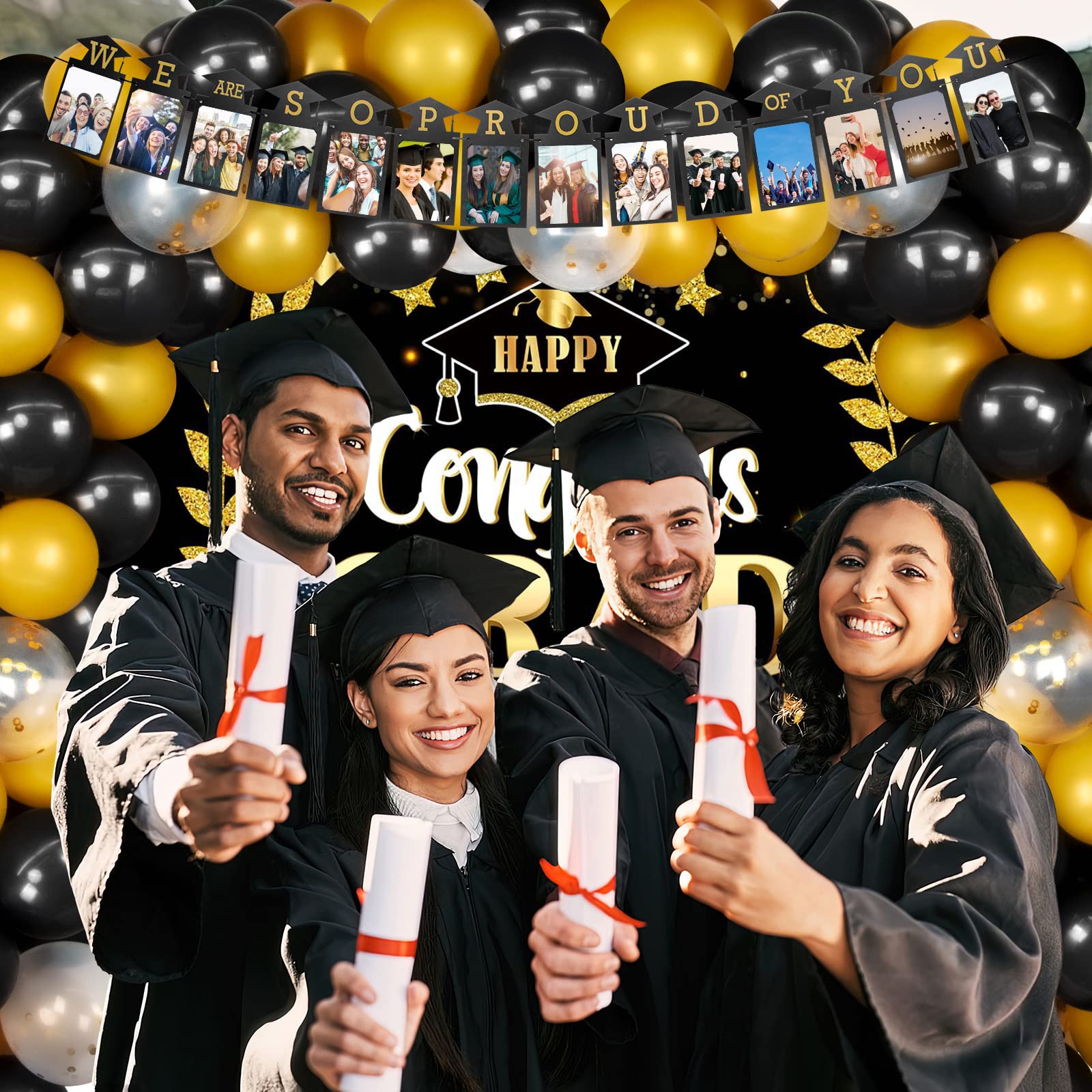 HJINGY Graduation Decorations Class of 2024, 2024 Graduation Party Decorations Include Grad Backdrop, Photo Banner, Congrats Cards, Balloons, Tablecloth, Plates, Cake Toppers for College High School