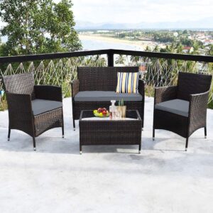 Toolsempire 4 Pieces Patio Sofa Set, Wicker Conversation Set with Ergonomic Curved Backrest, Patio Rattan Furniture Set with Water-Resistant Cushion & Tempered Glass Table for Balcony, Porch (Gray)