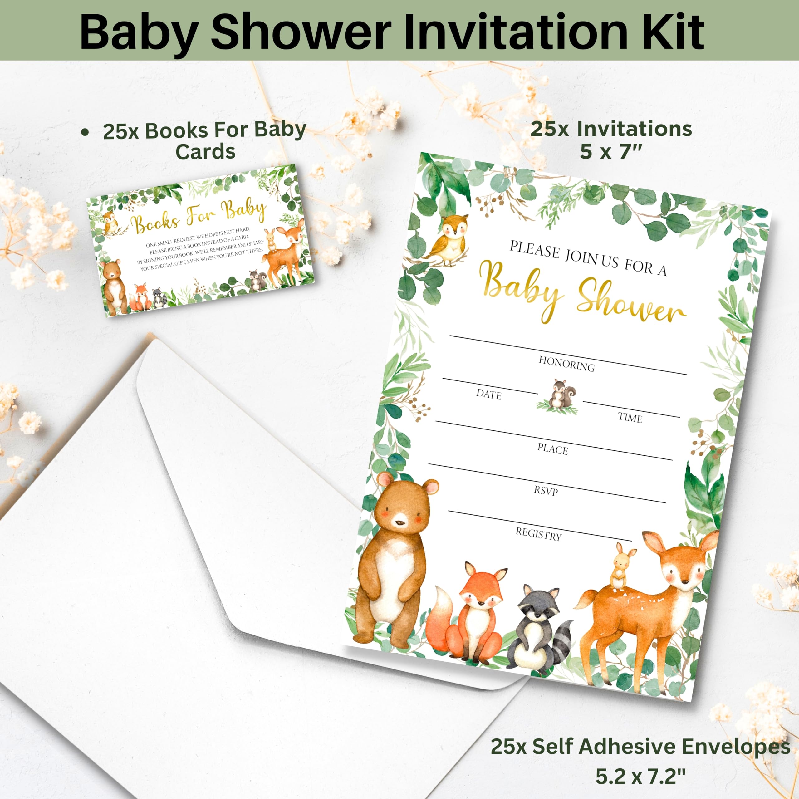 153 Pc Woodland Baby Shower Invitations For Boy And Girl With Envelopes, Baby Thank You Cards, Book Request Cards, Diaper Raffle Box With Ticket & Sign, Guess How Many Baby Shower Game -25 Guest Set