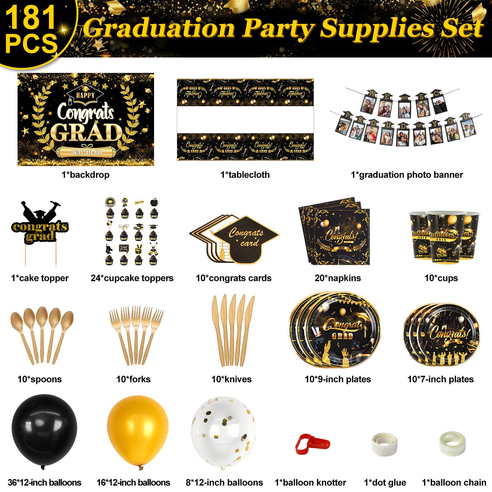 HJINGY Graduation Decorations Class of 2024, 2024 Graduation Party Decorations Include Grad Backdrop, Photo Banner, Congrats Cards, Balloons, Tablecloth, Plates, Cake Toppers for College High School