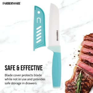 Farberware Ceramic 5- Inch Santoku Knife with Custom-Fit Blade Cover, Razor-Sharp Kitchen Knife with Ergonomic, Soft-Grip Handle, Dishwasher-Safe, 5-inch, Aqua