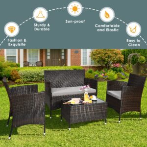 Toolsempire 4 Pieces Patio Sofa Set, Wicker Conversation Set with Ergonomic Curved Backrest, Patio Rattan Furniture Set with Water-Resistant Cushion & Tempered Glass Table for Balcony, Porch (Gray)