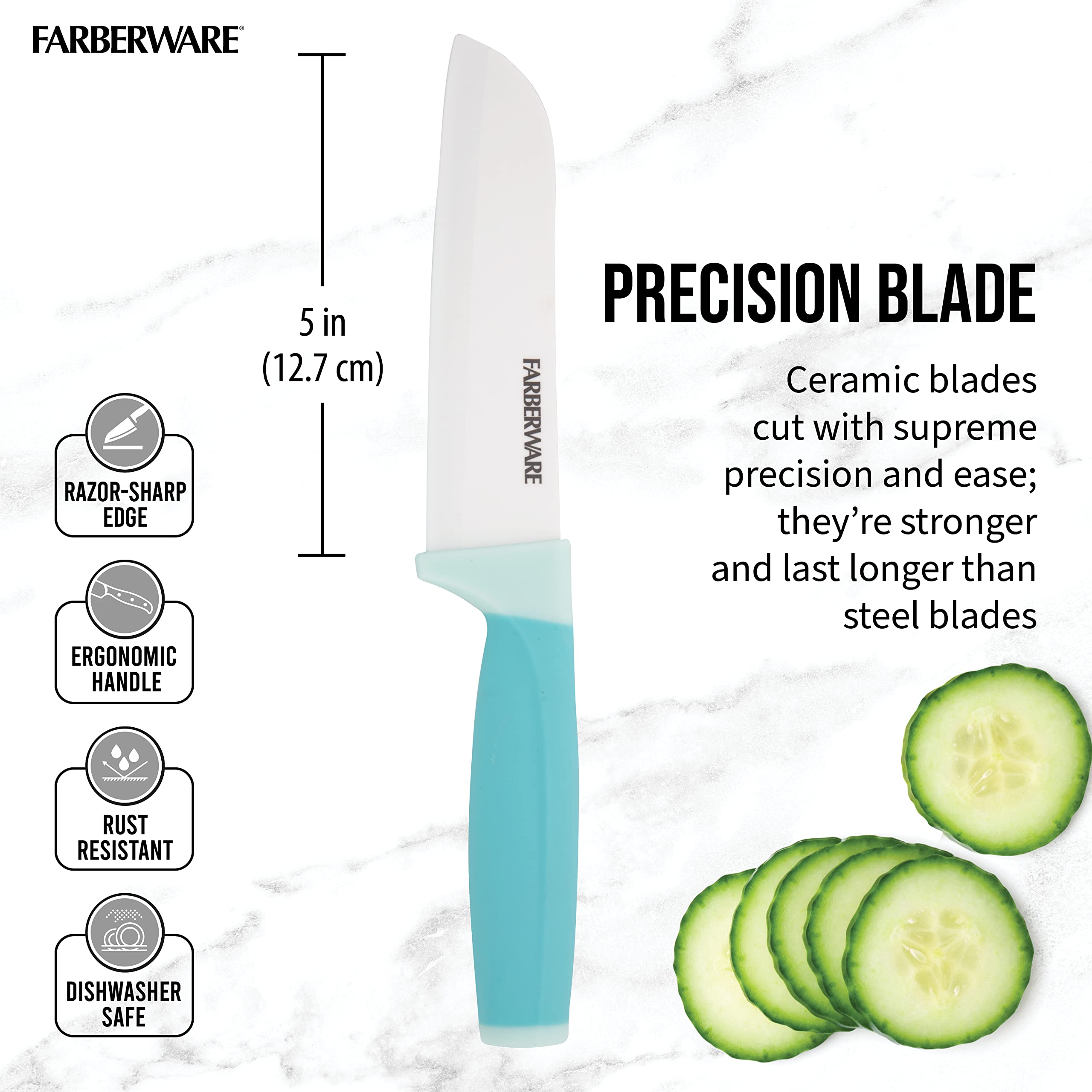 Farberware Ceramic 5- Inch Santoku Knife with Custom-Fit Blade Cover, Razor-Sharp Kitchen Knife with Ergonomic, Soft-Grip Handle, Dishwasher-Safe, 5-inch, Aqua