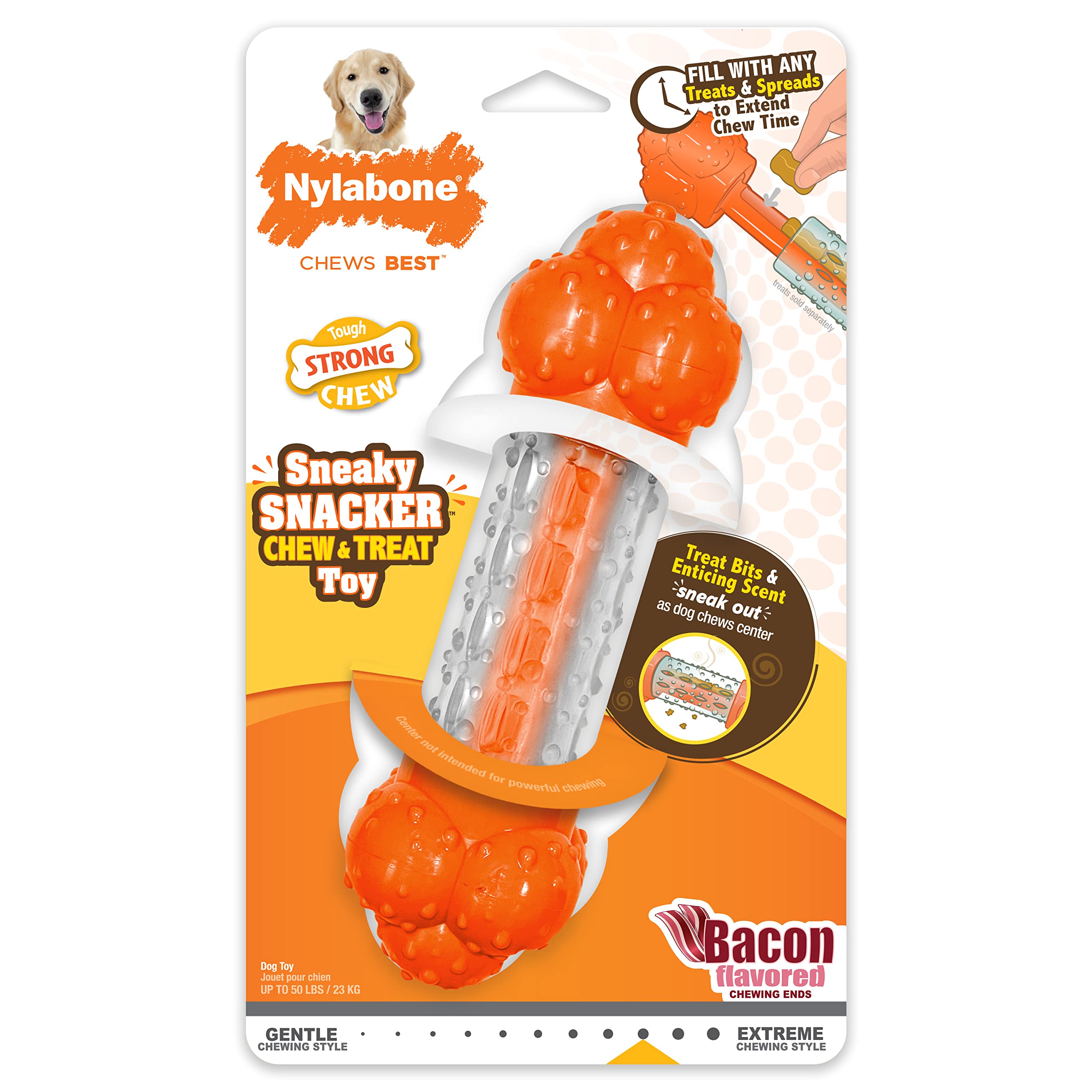 Nylabone Strong Chew Sneaky Snacker Treat Toy for Dogs, Interactive Dog Enrichment Chew Toys, Bacon Flavor, Large/Giant - Up to 50 lbs. (1 Count)