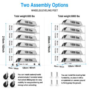 6 Tier 6000lbs Capacity NSF Metal Shelf Wire Shelving Unit, Heavy Duty Adjustable Storage Rack with Wheels & Shelf Liners for Commercial Grade Utility Steel Storage Rack, White - 82"H x 48"L x 18"D