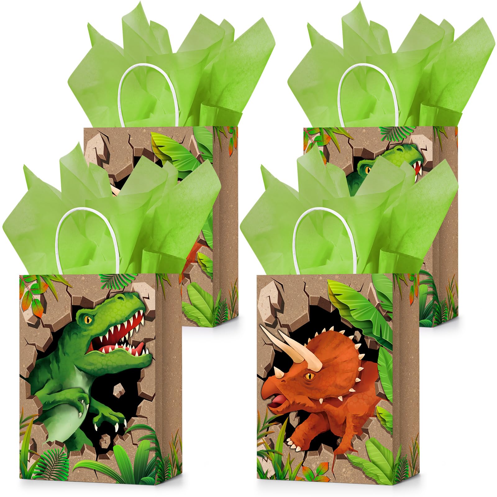 Fuutreo 24 Pieces Dinosaur Party Favor Bags with Handle and Tissue Paper for Dinosaur Birthday Party Supplies, Goodie Bags for Birthday, Baby Shower, Christmas, Halloween, Graduations, Party Supplies