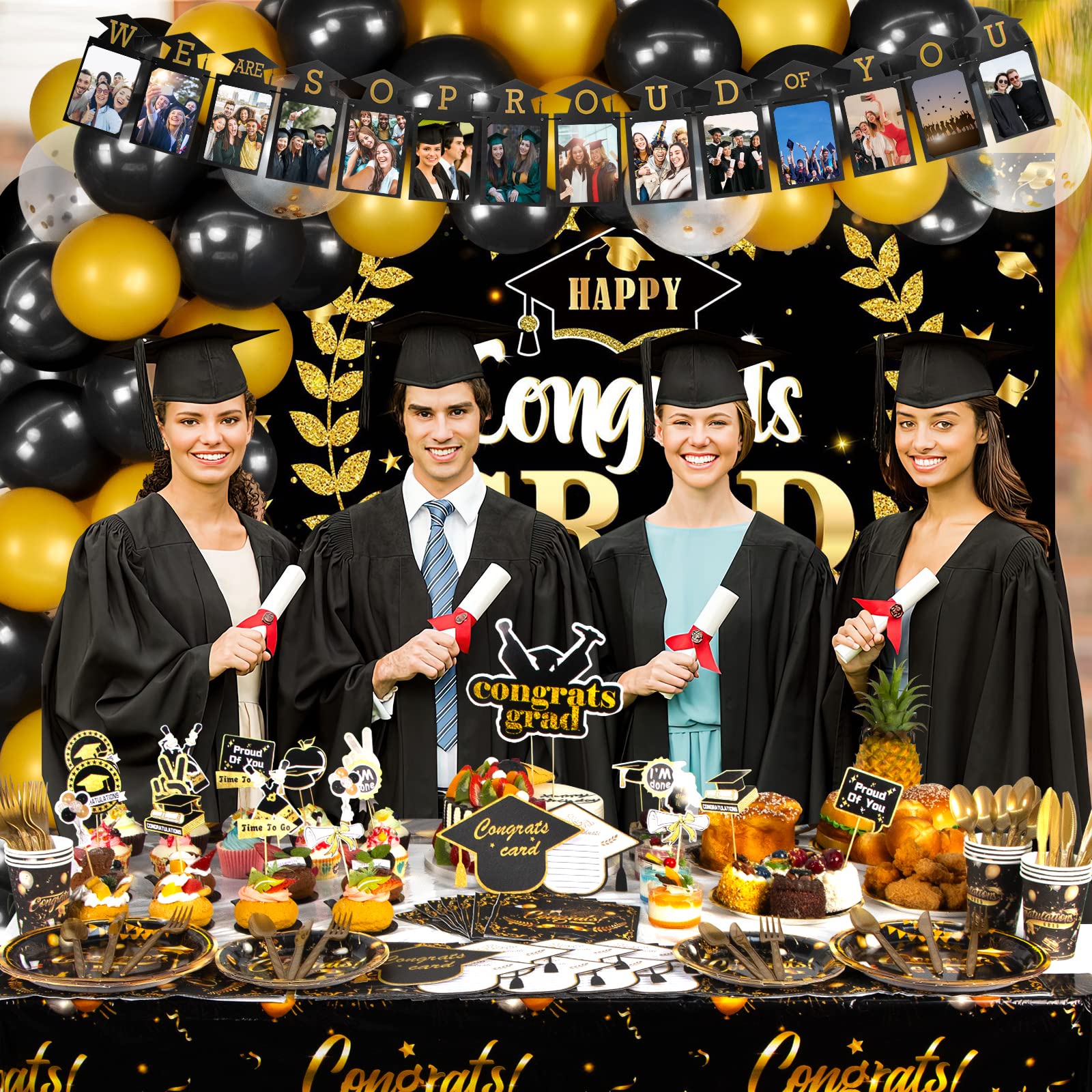 HJINGY Graduation Decorations Class of 2024, 2024 Graduation Party Decorations Include Grad Backdrop, Photo Banner, Congrats Cards, Balloons, Tablecloth, Plates, Cake Toppers for College High School