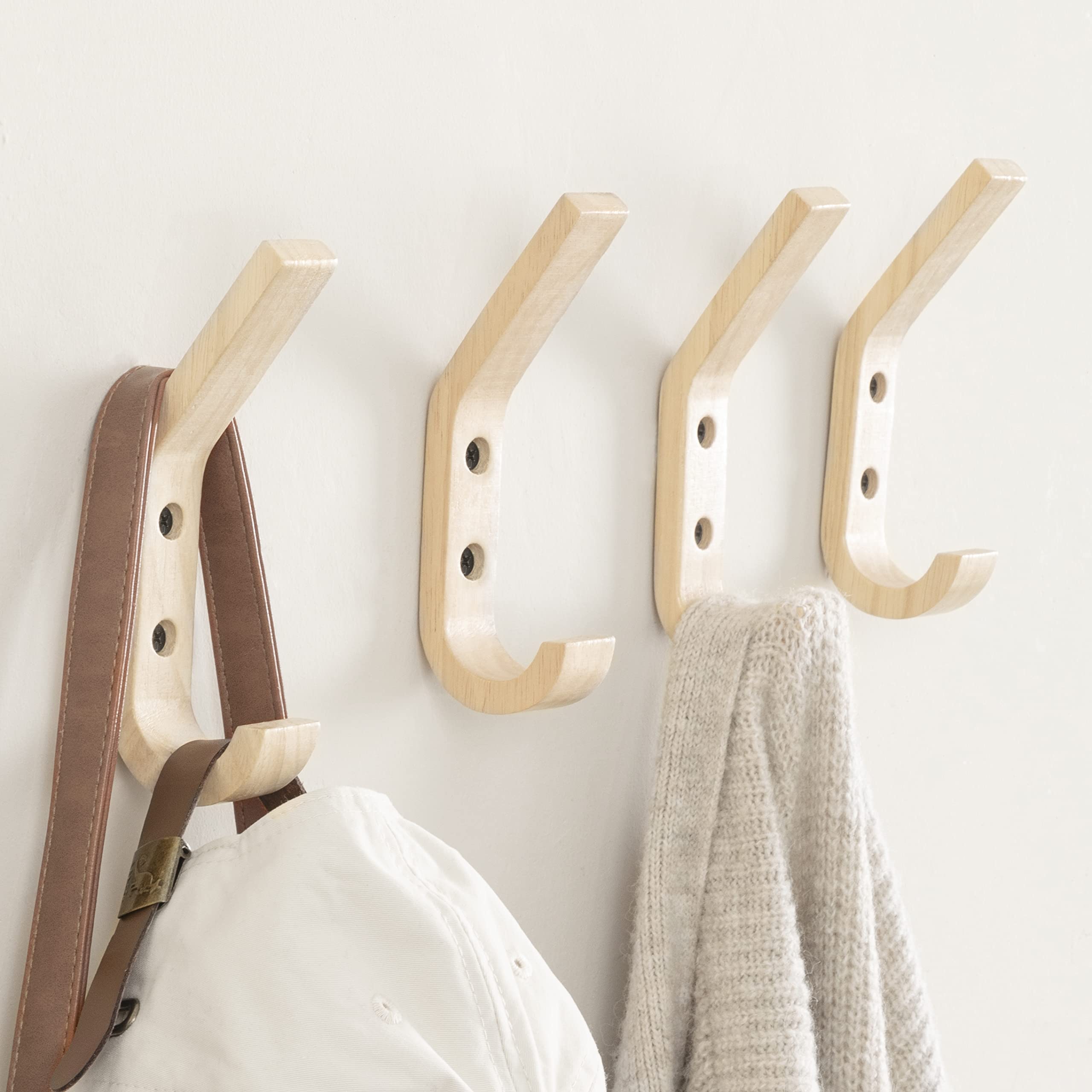 UBTKEY 4 Pack Wooden Coat Hooks Wall Hooks for Hanging, Natural Oak Wood Coat Hooks Wall Mounted Heavy Duty Entryway Hooks for Hanging Coats