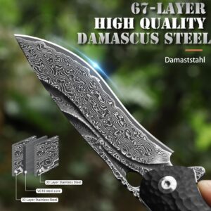 DRACHENADER Damascus Pocket Knife for Men, with Leather Sheath/Clip, 67-Layer Damascus Steel Pocket Knife Handmade Quick Release- Vg10 Steel Core Ebony Handle, Ideal Gift, Black