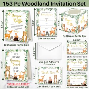 153 Pc Woodland Baby Shower Invitations For Boy And Girl With Envelopes, Baby Thank You Cards, Book Request Cards, Diaper Raffle Box With Ticket & Sign, Guess How Many Baby Shower Game -25 Guest Set