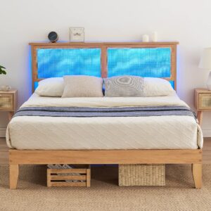 idealhouse queen bed frame with natural rattan headboard, platform bed frame queen size with storage headboard, mattress foundation, noise-free, no box spring needed