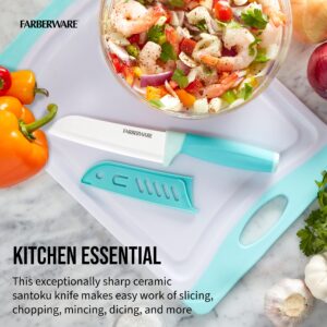 Farberware Ceramic 5- Inch Santoku Knife with Custom-Fit Blade Cover, Razor-Sharp Kitchen Knife with Ergonomic, Soft-Grip Handle, Dishwasher-Safe, 5-inch, Aqua