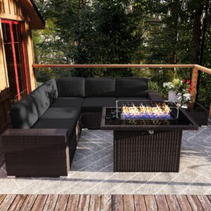 vakollia 7 pieces patio furniture set with 44" propane gas fire pit table, outdoor sectional brown rattan wicker conversation sofa sets with coffee table