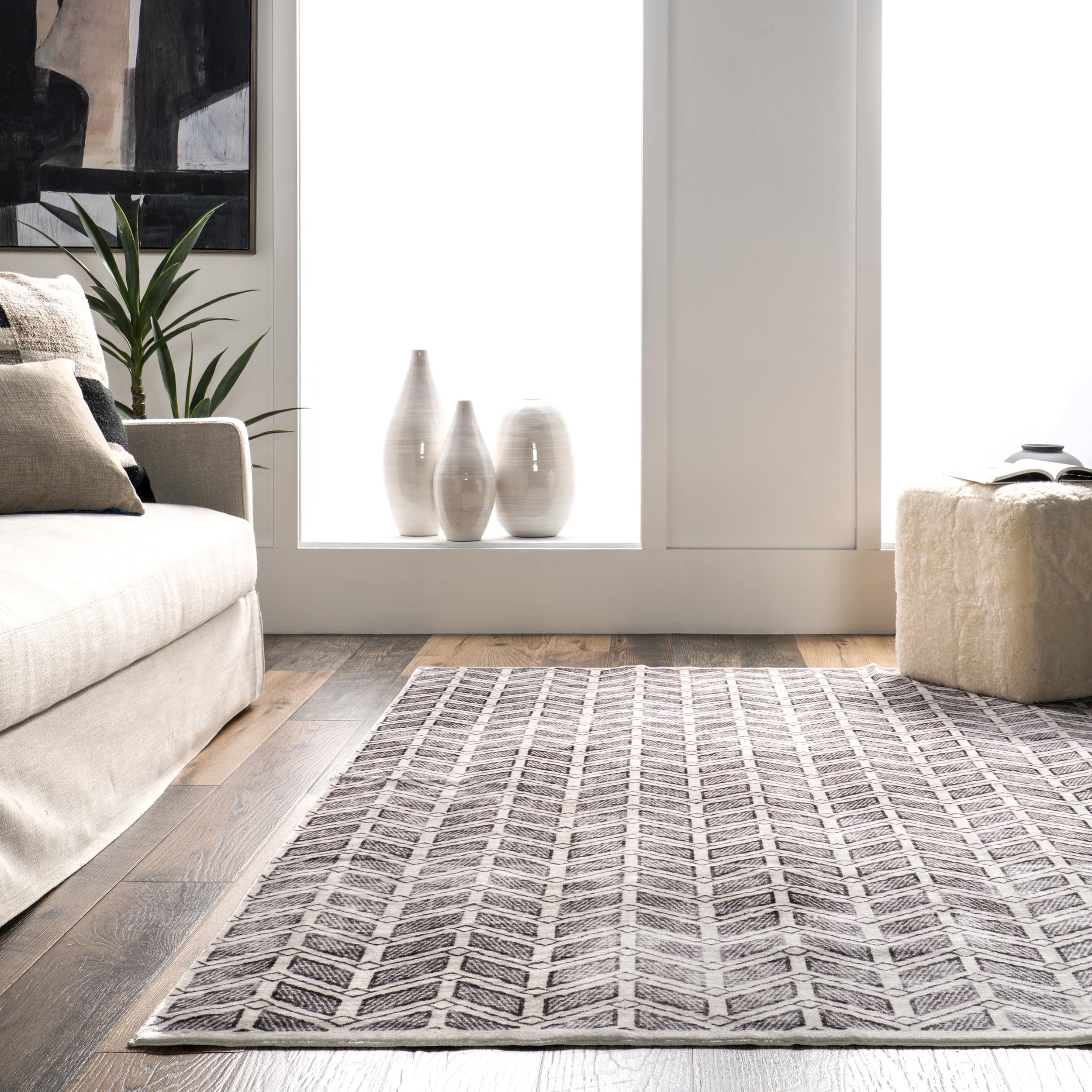 nuLOOM Via Geometric Striped Machine Washable Area Rug, 8x10, Grey